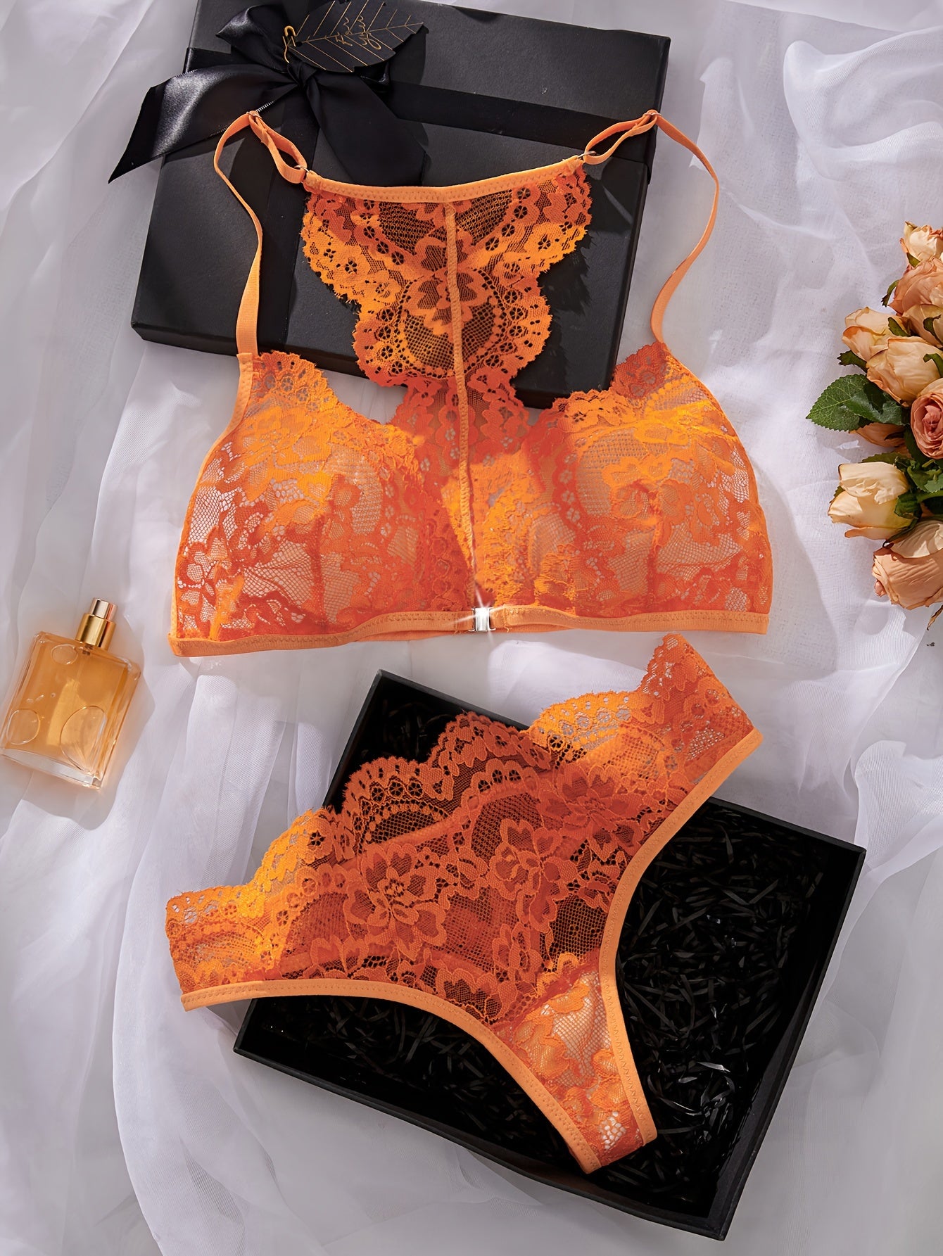 Floral lace cami bra and panties set for women's lingerie.