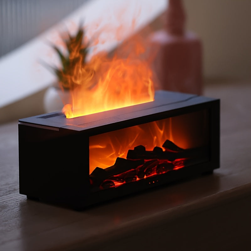 Silent, flame-inspired humidifier with remote control, USB powered, generates large mist output - ideal for small spaces.