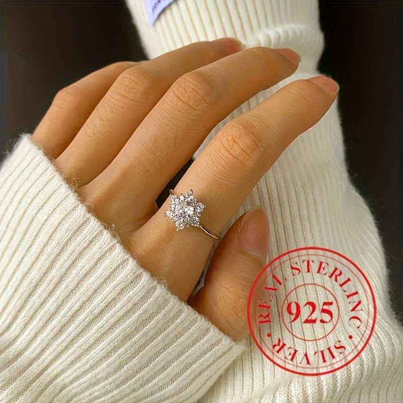 Exquisite Sterling Silver Flower Cluster Ring with Shimmering Cubic Zirconia, Snowflake Band - Perfect Gift for Women, Timeless Wedding Jewelry in Elegant Style (No Box)