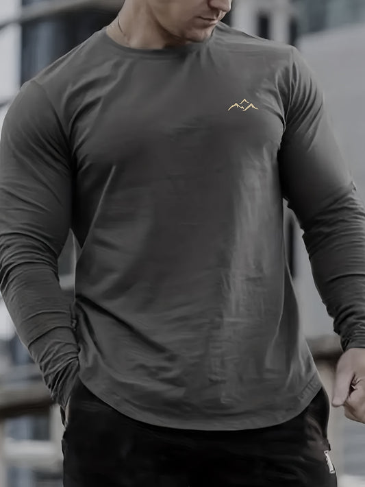 Men's plus size long sleeve crew neck t-shirt with mountain print, casual and breathable.