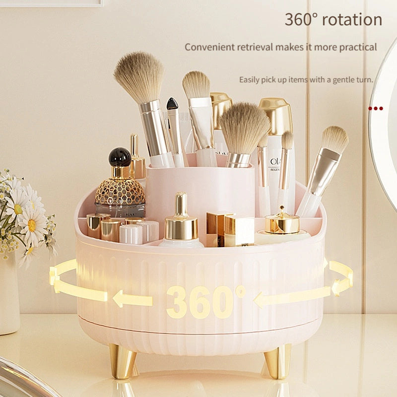 Stylish minimalist desktop makeup organizer rotates 360° with large capacity, 3 color options, and sturdy golden base. Holds lipsticks, lotions, pencils, and brushes with 7 large slots for