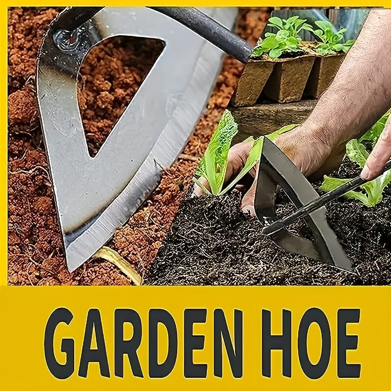 Sturdy stainless steel handheld garden hoe for effective weeding and soil cultivation in gardening and farming.