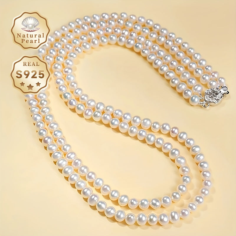 A double layer clavicle chain featuring a 1pc freshwater pearl necklace, sized 4-5mm with near-round pearls. Includes a gift box and options for brand selection. Made from natural gemstones.