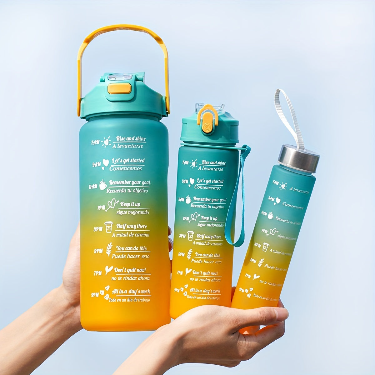 Motivational water bottle set for outdoor activities and fitness; ideal for camping, hiking, and birthday gifts.