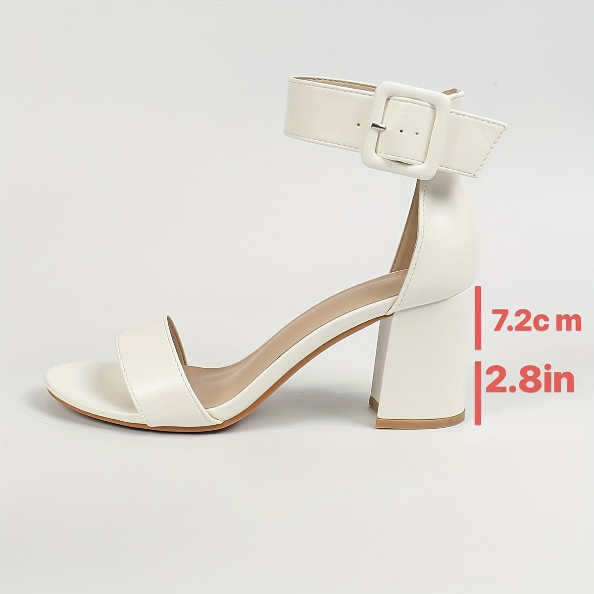 Stylish white block heel sandals with ankle strap and open toe, versatile and comfortable for any occasion.