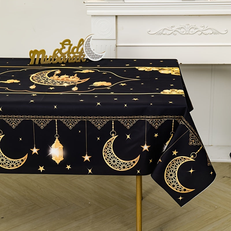 Eid Mubarak Polyester Tablecloth, 180x140cm Ramadan Kareem Black Table Cover for Islamic Muslim parties and home celebrations.