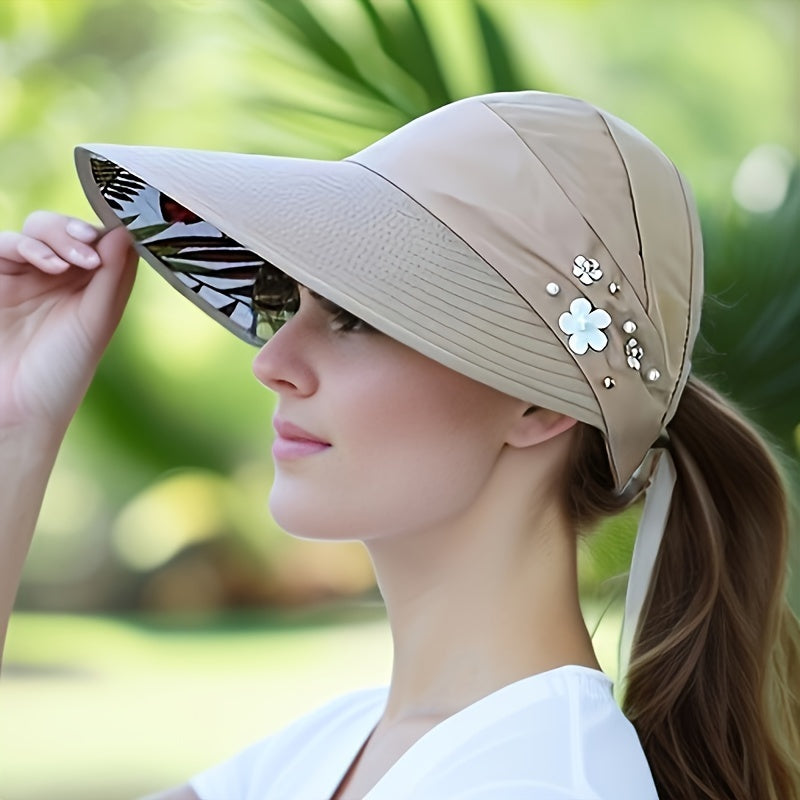 Korean-style women's sun hat with UV protection, foldable, breathable polyester visor for outdoor activities and beach.