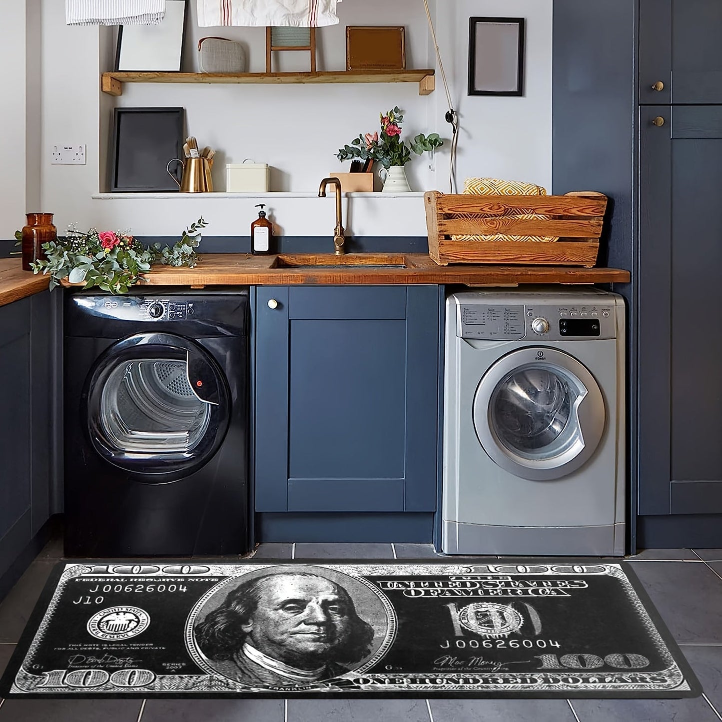 Indulgent Black Dollar Design Rug - Luxuriously Soft and Thick Flannel with Anti-Slip Backing, Easy to Clean in the Washing Machine - Ideal for Laundry Room, Hallway, Kitchen, and Living Room Decor, 500 Grams Per Square Meter for Comfort and Durability