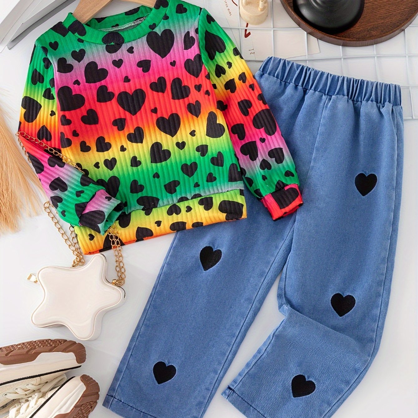 Cute set for girls, includes heart print top and denim pants, machine washable, ideal for outdoor wear.