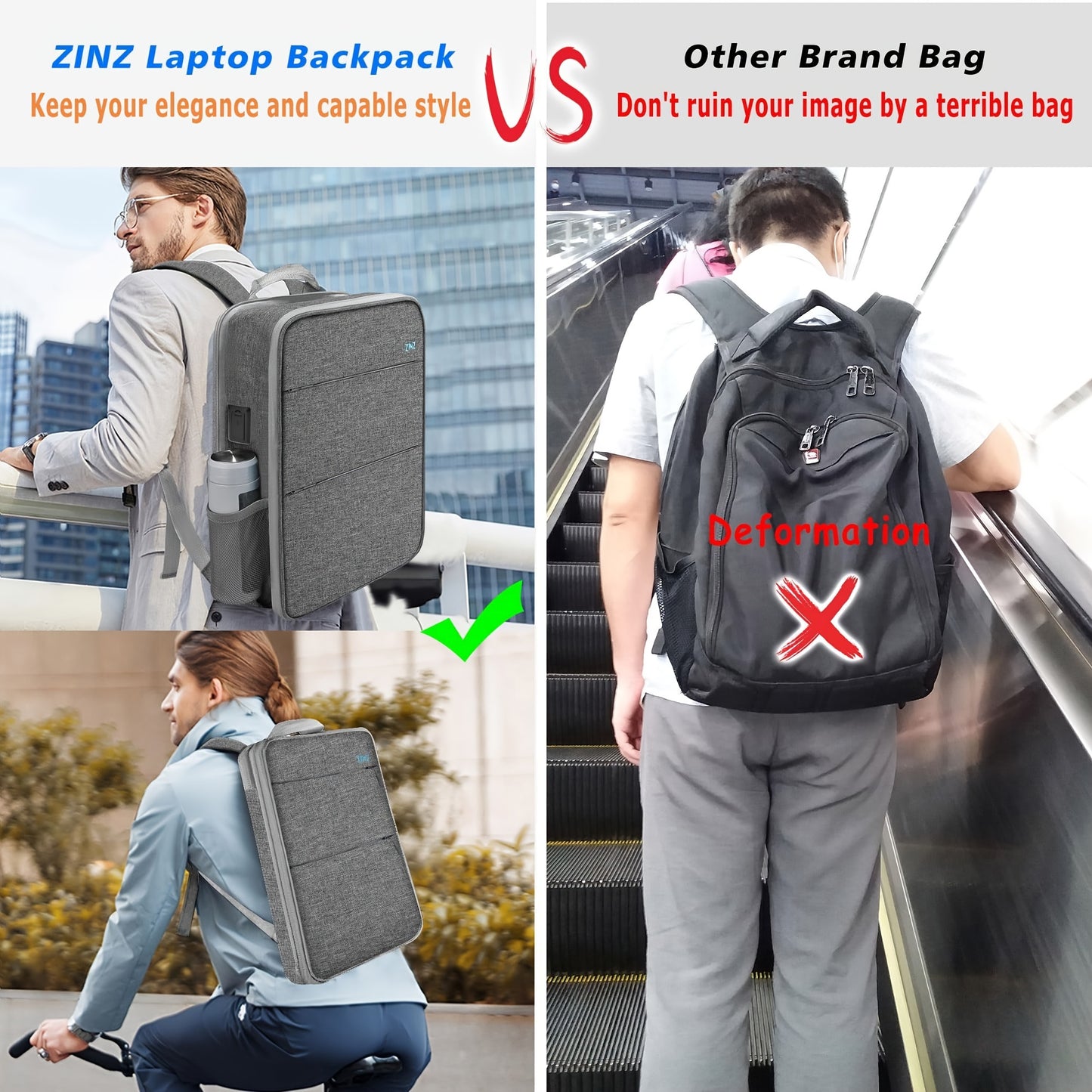 Ultra-slim laptop backpack for 35.56-40.64cm laptops, spill-resistant with durable polyester material.