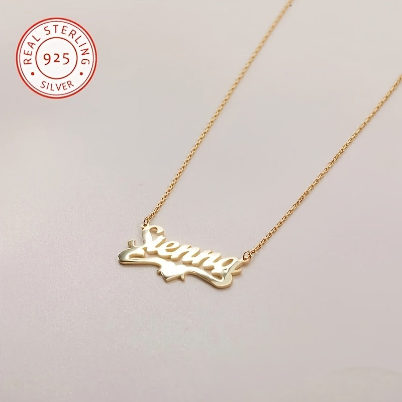 Elegant Vintage 925 Sterling Silver 14K Golden Plated Name Pendant Necklace with Heart. This dainty jewelry is perfect for women to wear daily or on their wedding day, making it an ideal Valentine's Day gift.