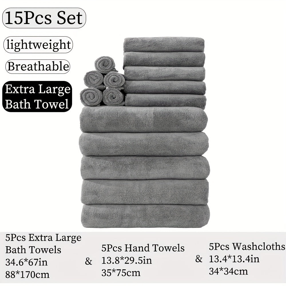 15-piece ultra-soft microfiber towel set in multiple colors, ideal for home and hotel showers.