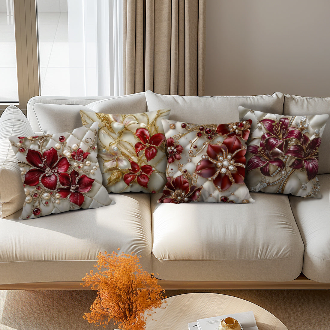 Single-side printed throw pillow cover with 3D floral pearl design, made of peach skin material, 45*45cm in size.