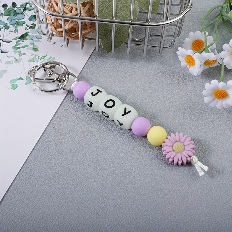 Personalized Silicone Keychain with Glow-in-the-Dark Alphabet Beads, Flower Charm, Custom Name, Perfect for Birthday Parties and Festivals, Women's Key Holder with Lobster Clasp - Great for Decorating Backpacks and Bags (Individual Item)