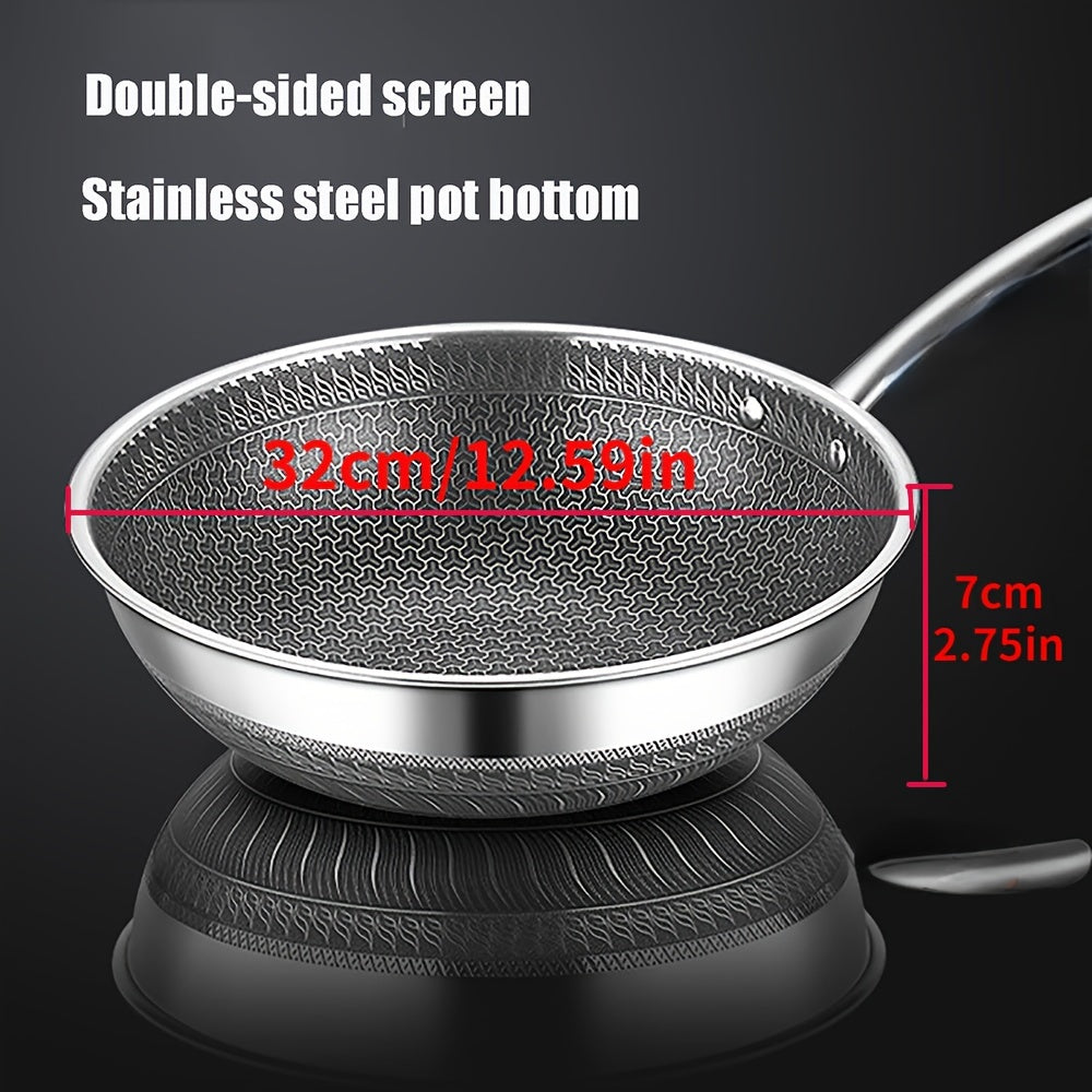 Enjoy even cooking with the versatile Tri-Ply Stainless Steel Frying Pan! Featuring a honeycomb design and a glass lid, it is compatible with all stove types and is dishwasher safe for easy cleaning.