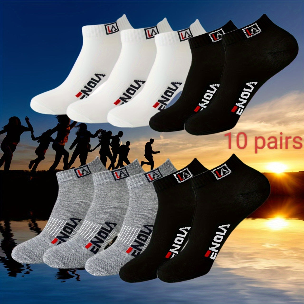 10 pairs of men's casual ankle socks in black, white, and grey with an alphabet pattern, made of 97% polyester and 3% spandex. Knit fabric, hand wash or dry clean only. From the