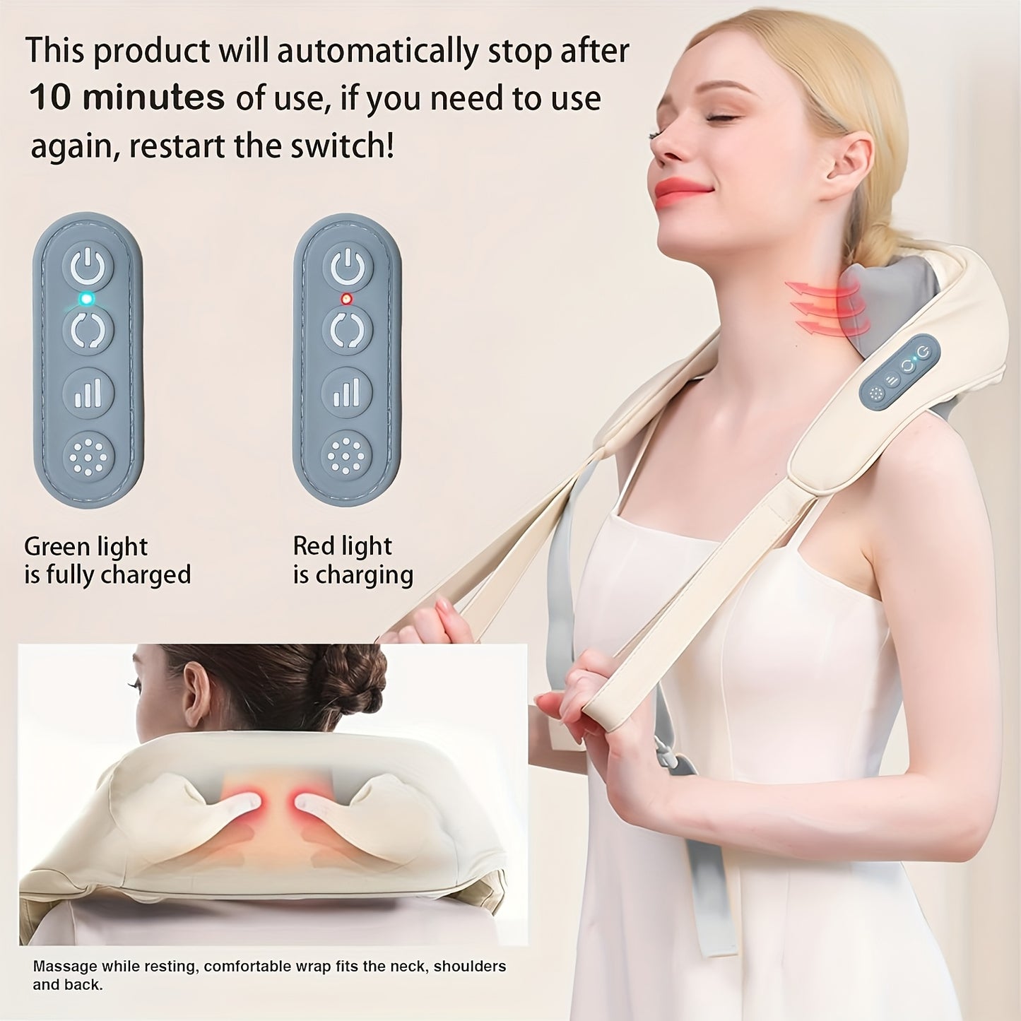 Smart neck and shoulder massager with 6 massage heads, heating function, USB Type-C charging