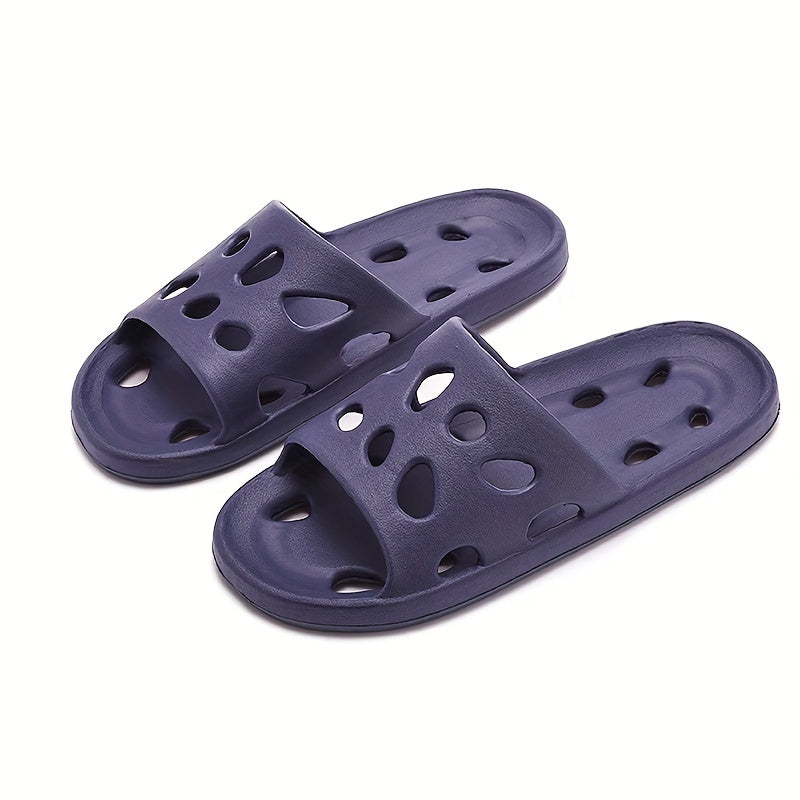 1 Pair of EVA Slippers with Solid Color Hollow-Out Design, Non-Slip Sole, Drainage Holes, and Soft Shower Slides.