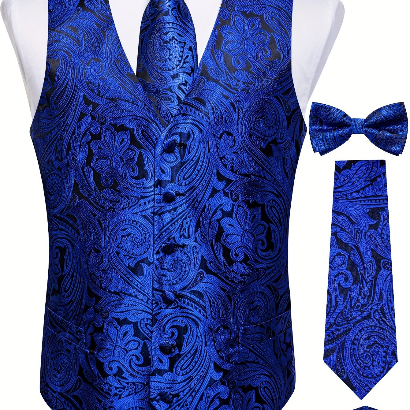 Plus size men's paisley suit vest set with tie, bow tie, pocket square, and cufflinks - perfect for parties.