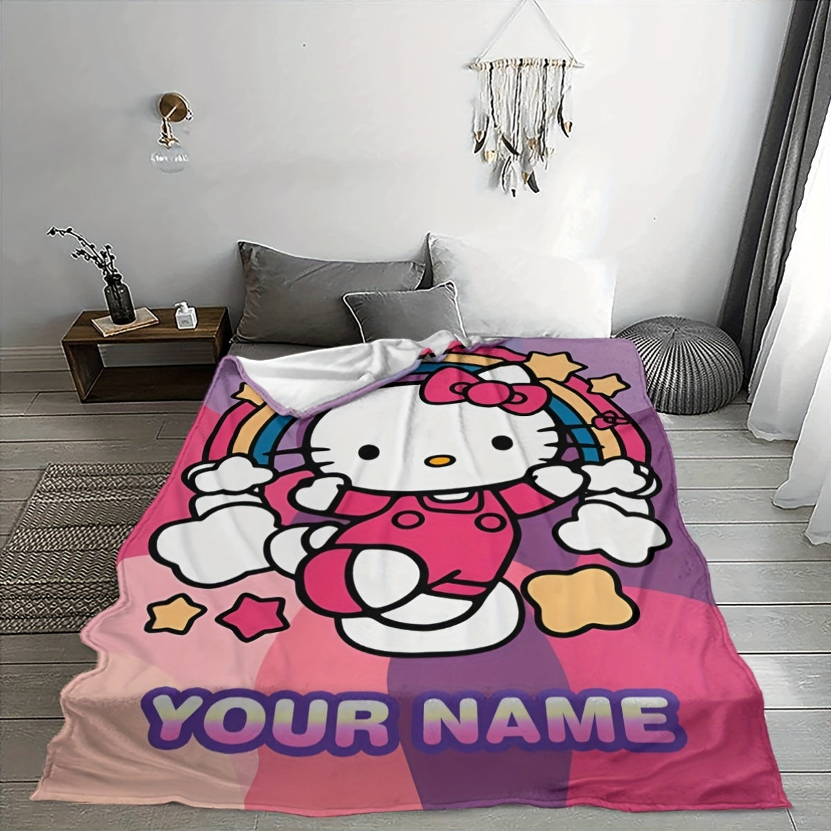 Personalized with a cute cartoon Hello Kitty design, this cozy flannel blanket is perfect for staying warm and comfortable. Use it as a decorative accent in any room or give it as a thoughtful gift that can be enjoyed all year round.