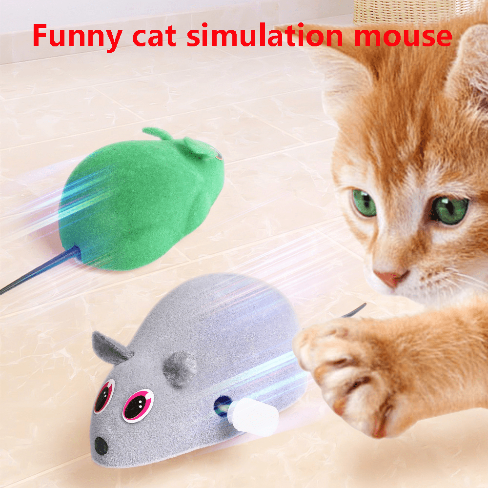 Battery-free plush mouse cat toy with wind-up mechanism, featuring animal print design for interactive fun.