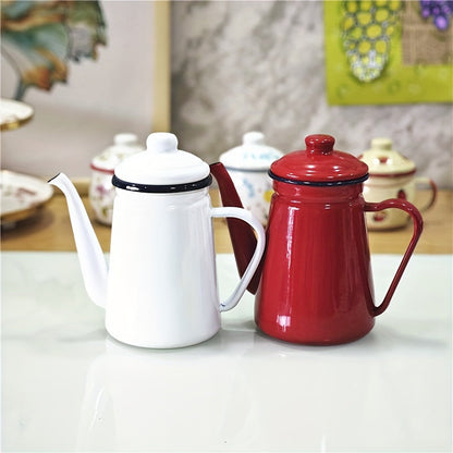 Retro Thickened Enamel Tea Kettle - 1.1L capacity, perfect for making coffee, oil, milk tea, and more. Ideal for both summer and winter drinkware, these enamel kettles are a stylish addition to your home kitchen. Great for back to school supplies.