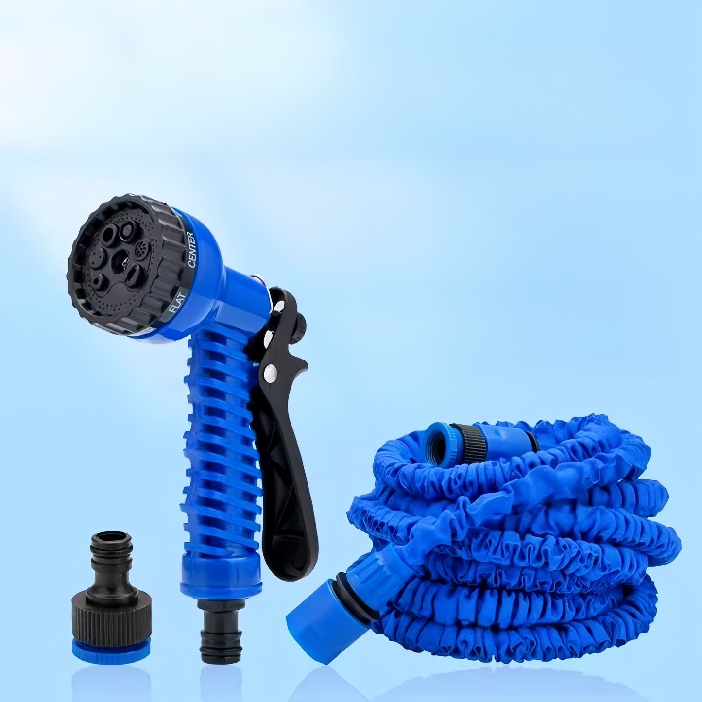 Blue garden hose with adjustable spray gun, durable and flexible for various tasks like watering plants, car washing, lawn care, and home cleaning. Compatible with G1/2" connector.