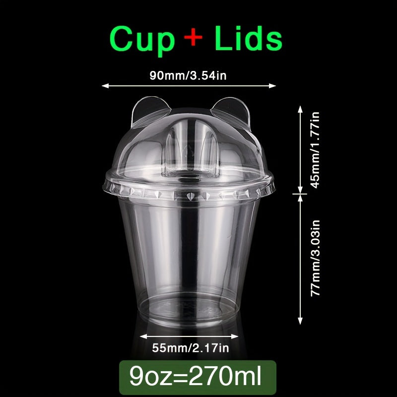 50 pieces of transparent plastic cups with lids, each holding 9oz to 10oz. Perfect for festivals, parties, serving cold drinks, desserts, and coffee. Essential party supplies for any occasion. Add these drinkware accessories to your collection!