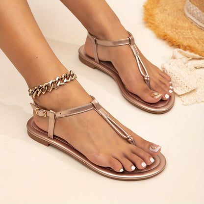 Women's comfortable and simple T-strap sandals with fashionable toe post design for spring and summer.