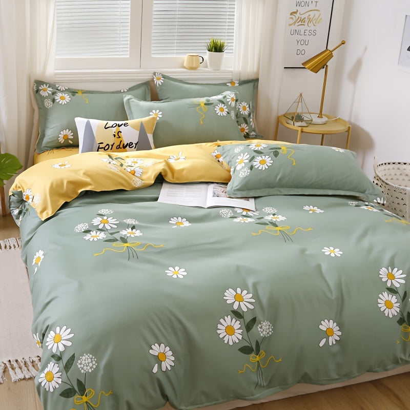 Fresh Daisy Print Duvet Cover Set includes 1 Flat Sheet, 1 Duvet Cover, and 2 Pillowcases. Soft, comfortable, and skin-friendly. Perfect for bedroom or guest room. No core included.