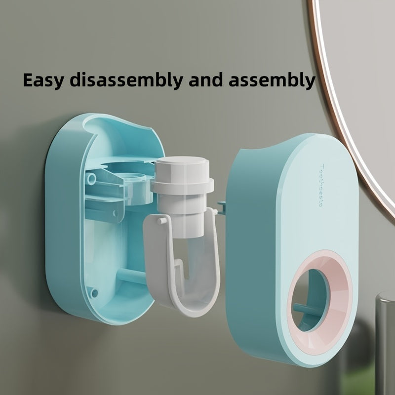 Wall-mounted toothpaste squeezer with easy installation, cute 3D design, no-drill feature, and washable adhesive. Ideal for bathroom organization, comes in light blue and pink.