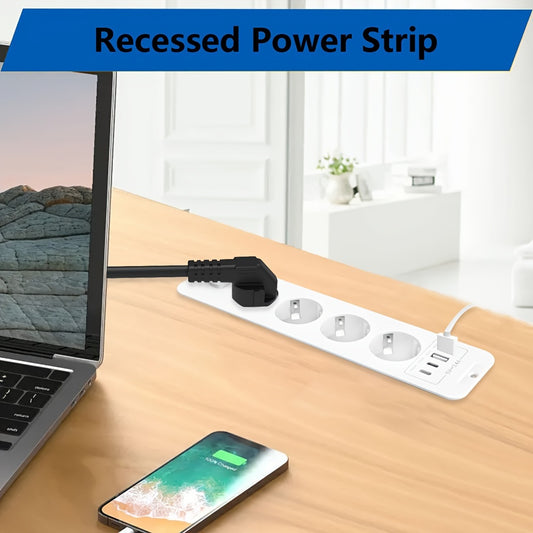 8-in-1 Power Plug Board with 4 USB ports and 4 AC sockets, 179.83cm cord, ideal for various spaces like homes, offices, and schools.