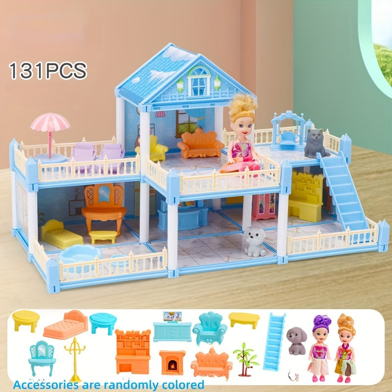 Girl playing with a dollhouse toy set in a children's simulation room, resembling a princess castle villa; ideal as a birthday gift.