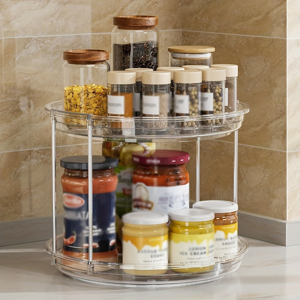 Lazy Susan Turntable Organizer with 2 Tiers - 23.5cm Rotating Spice Rack for Kitchen Cabinet, Pantry, and Countertop. Features Clear Plastic and Stainless Steel Open-Storage for Spices and Condiments. Can also be used as a Makeup Organizer for Bathroom