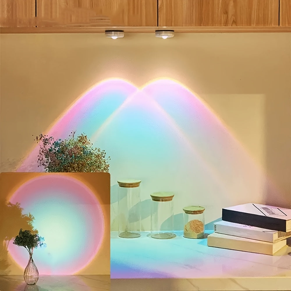 Creative white hexagonal cat eye sunset red projection sunset lamp with touch dimmable LED technology, battery powered for cabinet and wall lighting.