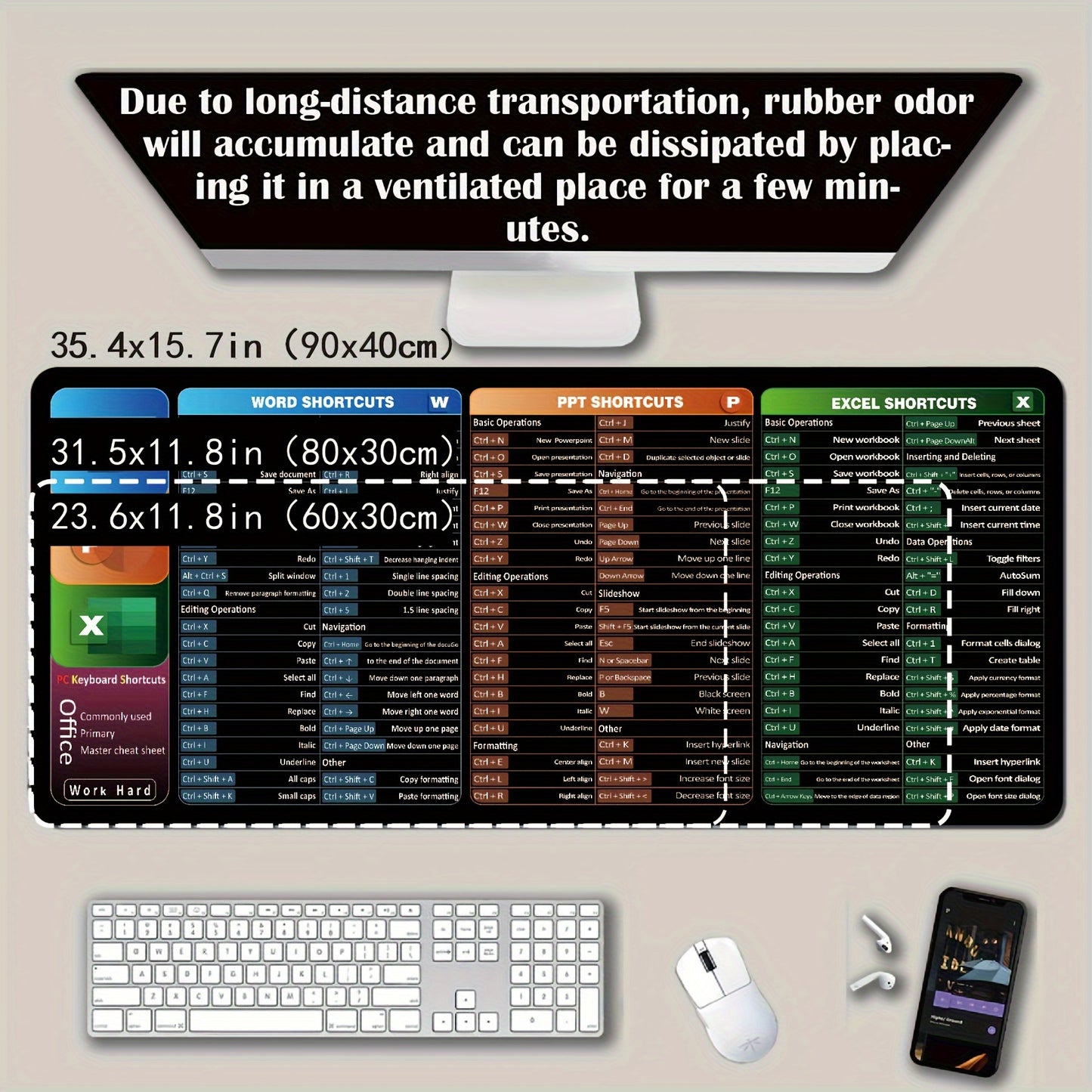 Large mouse pad with printed shortcuts for Word, PPT, Excel. Non-slip, washable, ideal for home, office, gaming. Great gift for partner.