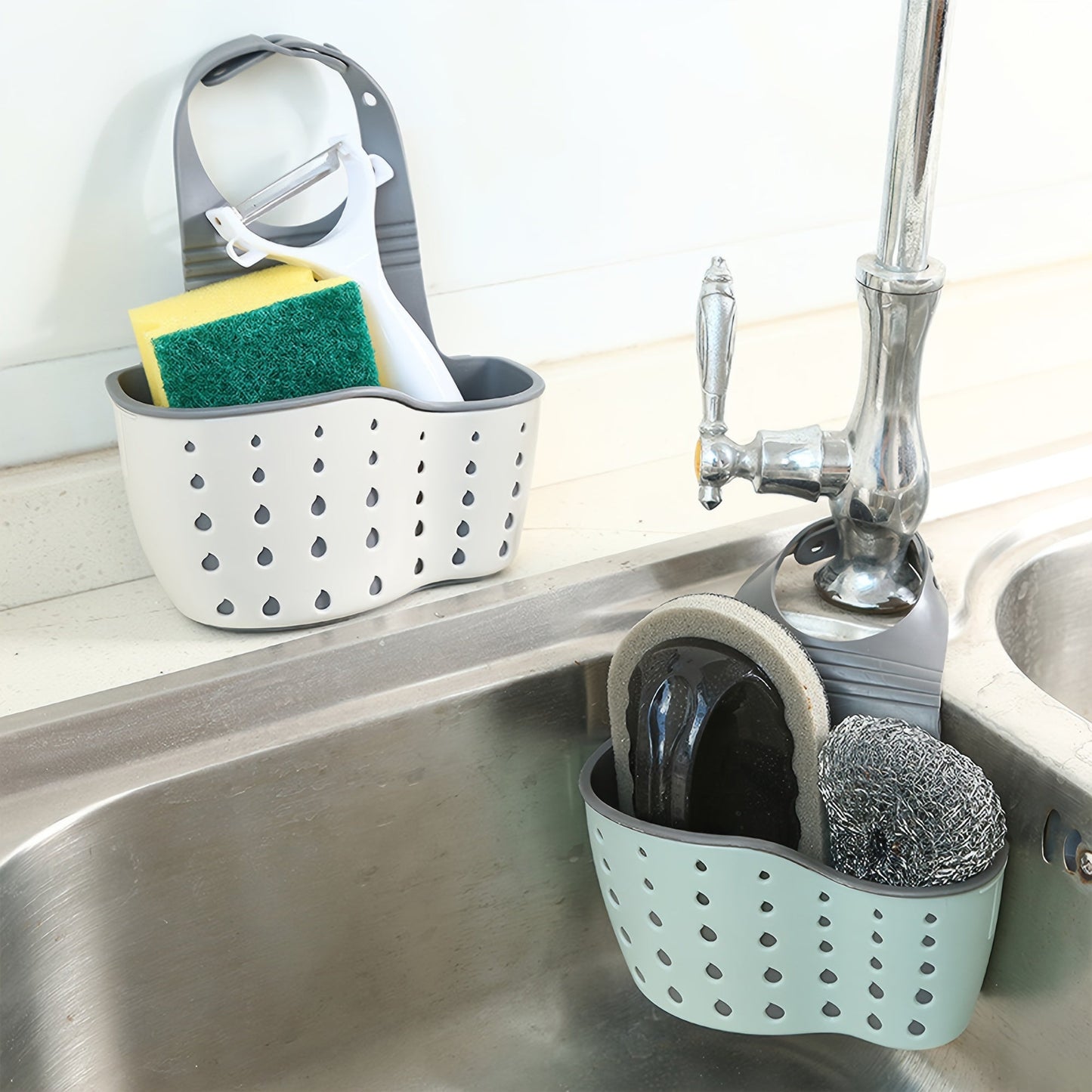 Storage bag that snaps on and adjusts to fit faucets, bathroom organizer rack, and sink caddy designed for kitchen use.