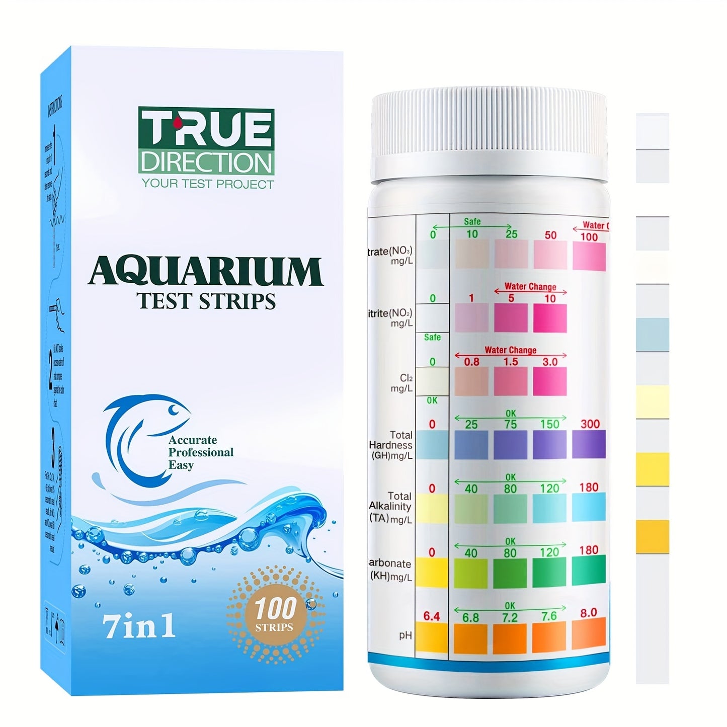 7-Way Aquarium Pool & SPA Test Strips for freshwater and saltwater fish tanks, ponds. Tests PH, Alkalinity, Nitrite, Nitrate, Chlorine, Carbonate, Hardness.