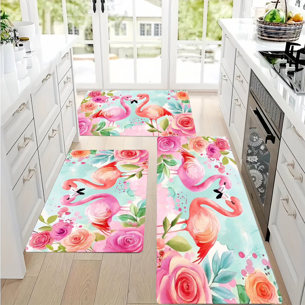 1 Piece Vibrant Flamingo & Floral Design Anti-Slip Floor Mat - Made of 100% Polyester, Machine Washable & Highly Absorbent - Perfect for Use in Kitchens, Laundry Rooms, and Living Areas - Washable Area Rug