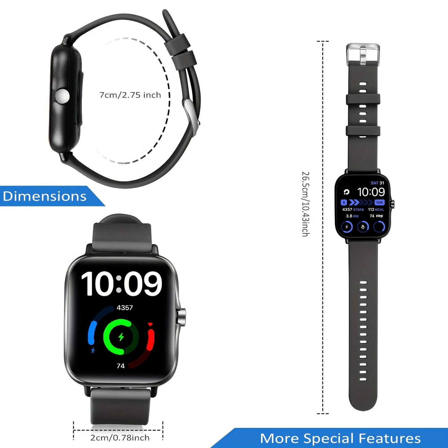 Eytlptoc Smart Watch: 4.34cm OLED Display, Call & Message Function, Pedometer, Fitness Tracker, Wireless Connectivity, USB Rechargeable Battery, Alloy Body, Silicone Strap, iPhone/Android