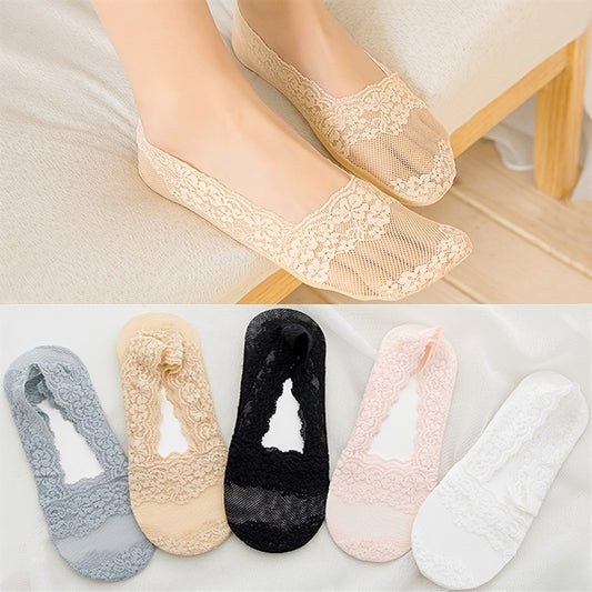 5 pairs of assorted color lace no show socks with floral lace design, women's low cut ankle socks.