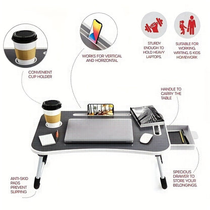 Large portable laptop bed table with cup holder and drawer, ideal for eating, reading, and writing in bed or on sofas.