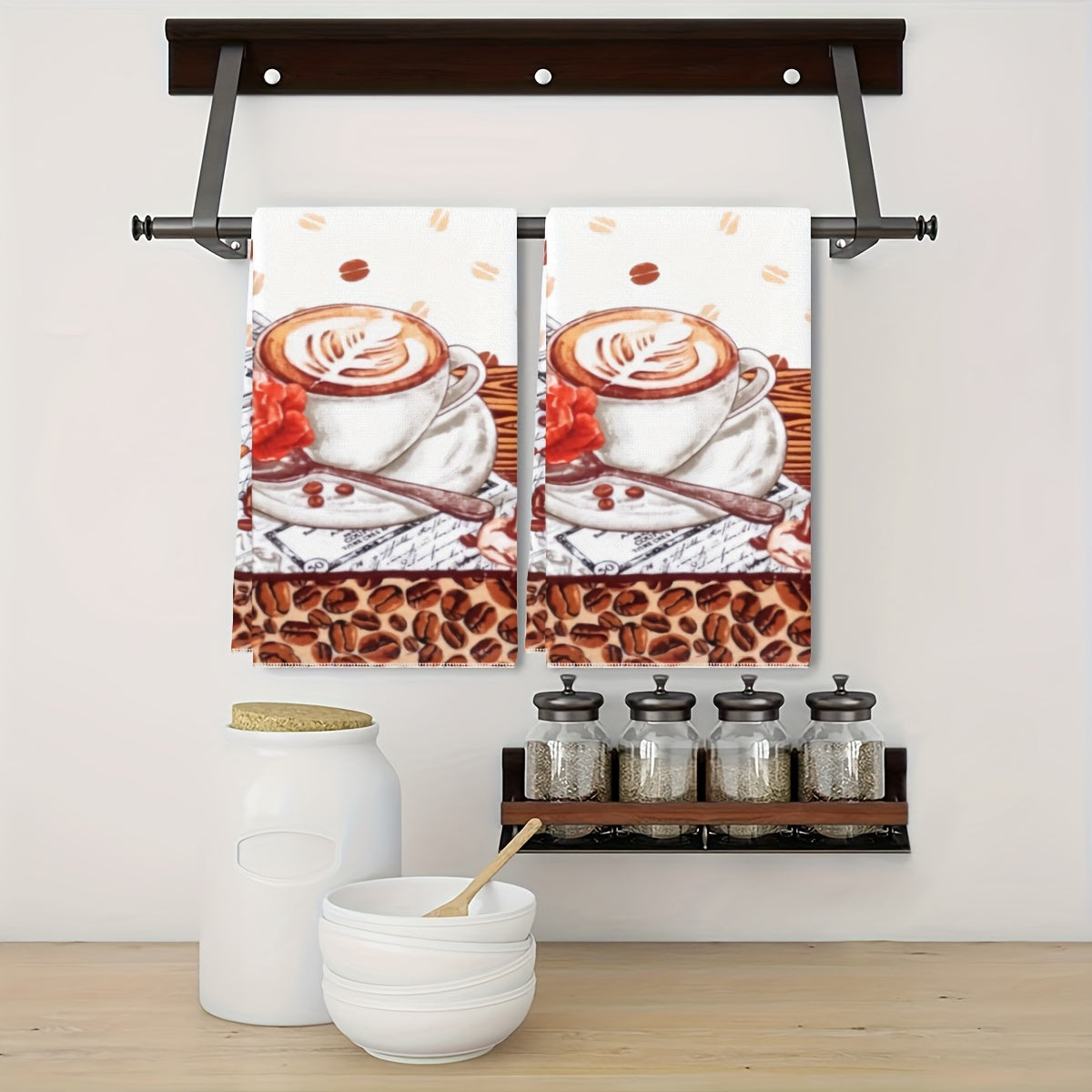 2 Coffee Lover's Kitchen Towels featuring Latte & Cappuccino Art - Perfect for Cafe Decor or Housewarming Gifts