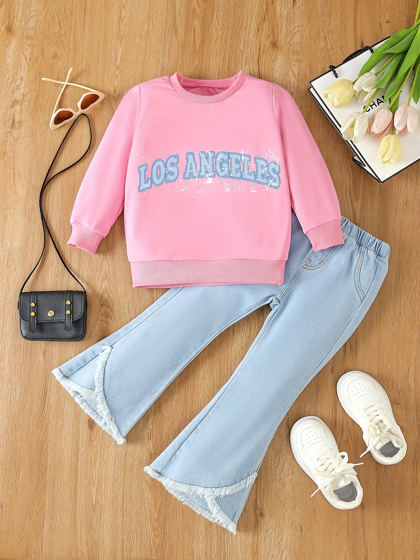 Girl's casual style sweatshirt with letter print and denim bell-bottomed fringe pants set for spring and autumn