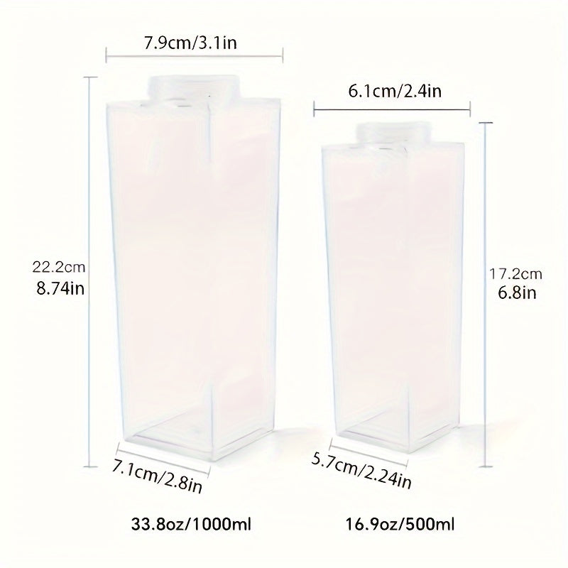 1pc of Creative Milk Carton Water Bottles made of transparent plastic, available in 500ml or 1000ml sizes. These reusable bottles feature a leak-proof screw cap and are ideal for carrying milk, juice, and tea for home or outdoor use.