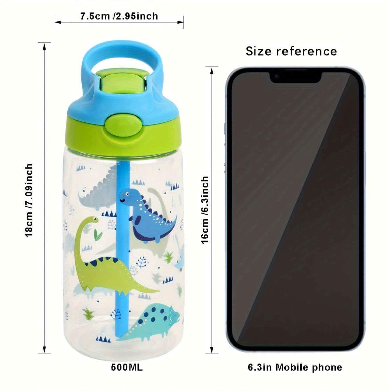 1 BPA-free 500ml sports water bottle with straw, cartoon design, leakproof silicone nozzle, suitable for outdoor activities. Hand wash only.