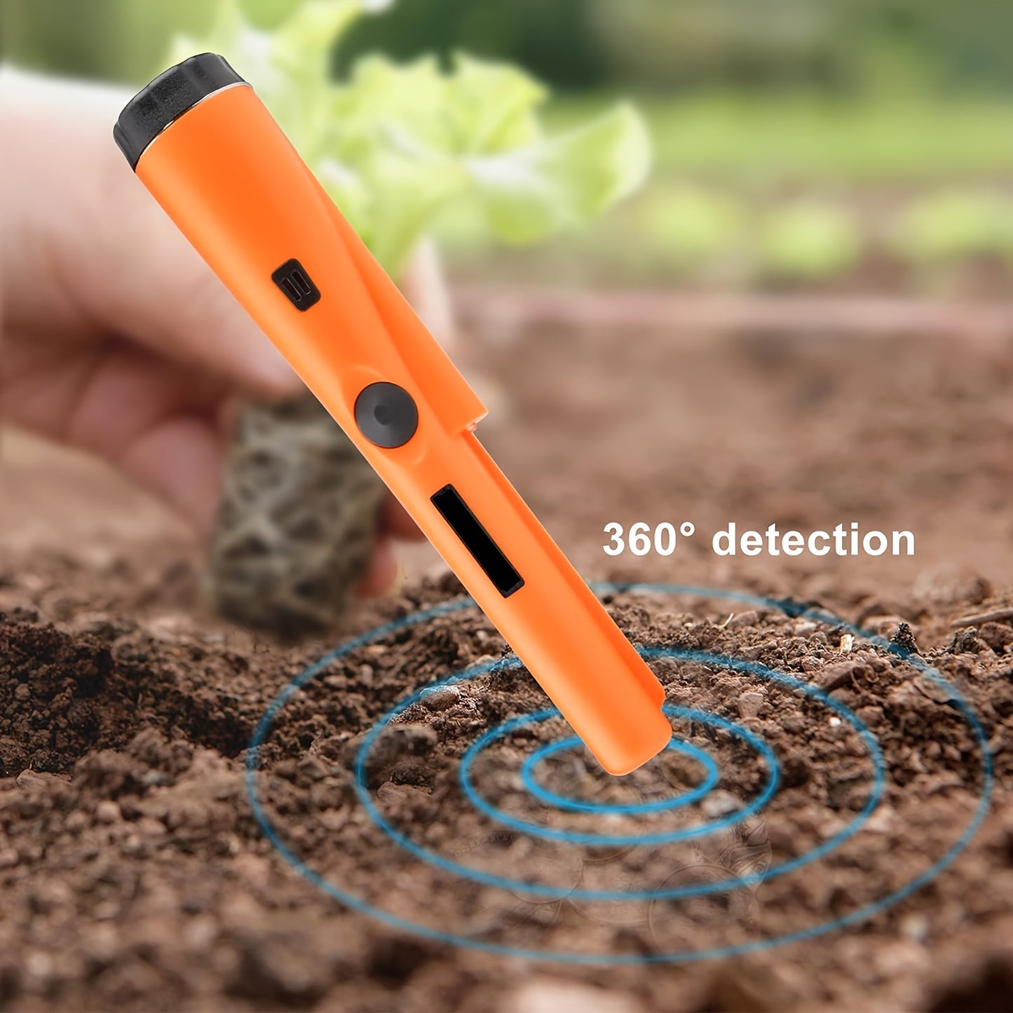 Handheld metal detector pinpointer with high sensitivity for precise treasure hunting, includes belt holster and retractable lanyard.