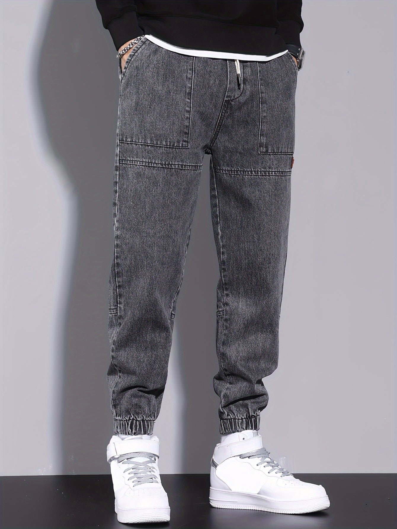 Men's harem jeans with elastic drawstring waist, perfect for all seasons.