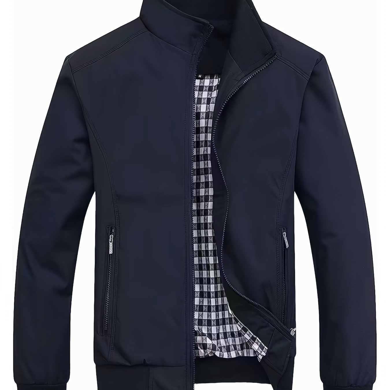 Men's zip-up stand collar coat with zipper pockets, ideal for Spring and Autumn.