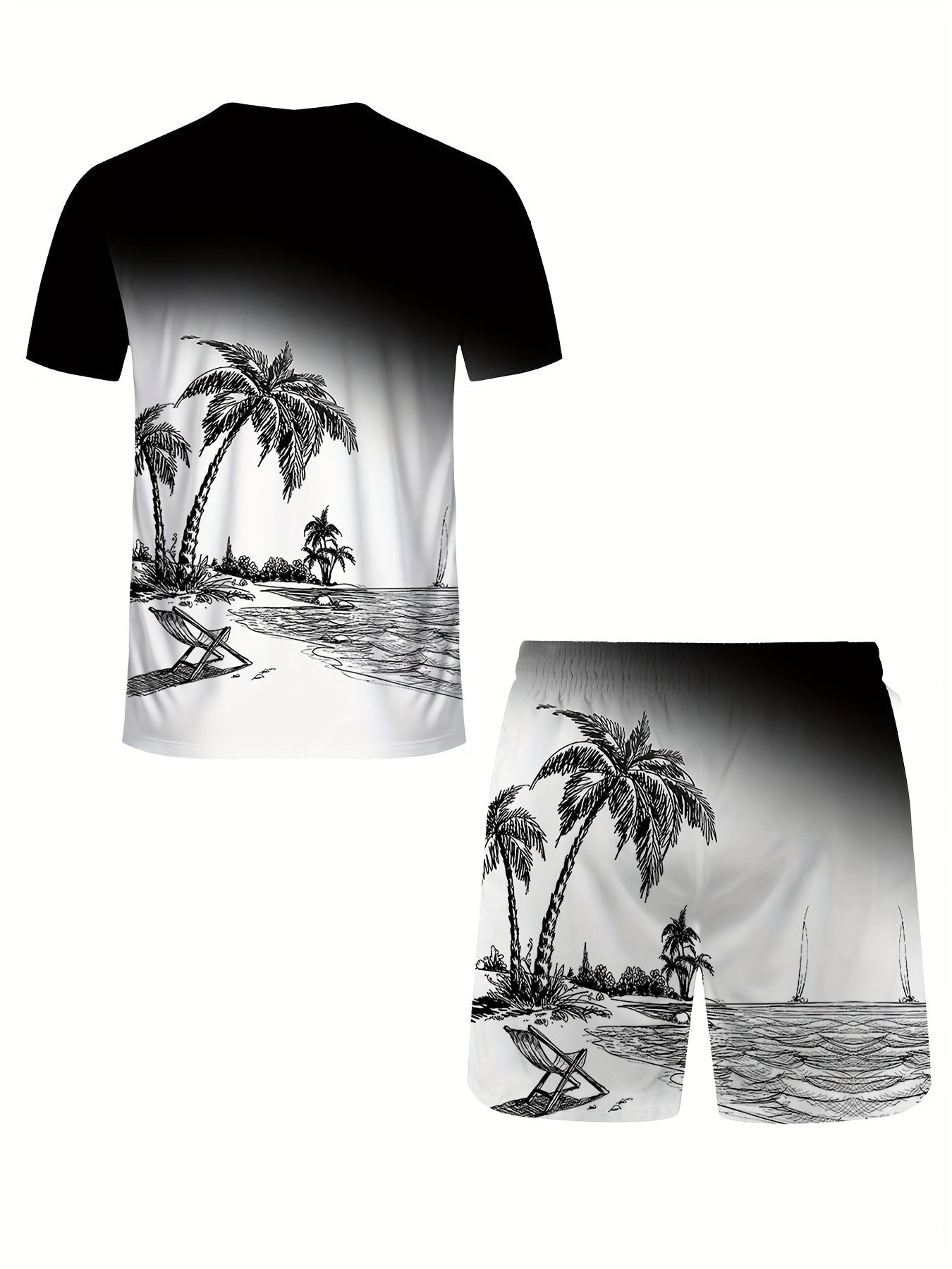 Tropical beach sunset lounge set with 3D palm tree print crew neck tee and drawstring shorts, perfect for casual home wear, vacation, or workout in spring/summer. Made of comfortable